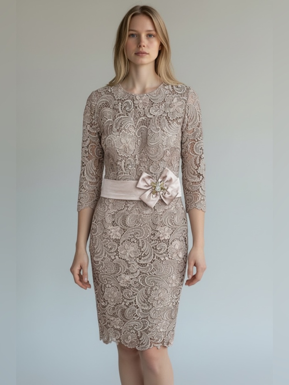 Janique Elegant Lace Sheath Dress with Satin Bow - Taupe